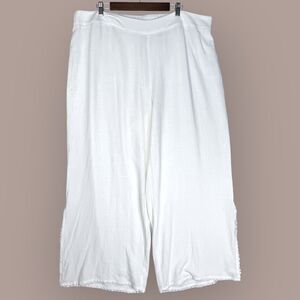 Soft Surroundings White Linen Blend Wide Leg Pants Pom Pom Trim Side Slit Hem 2X